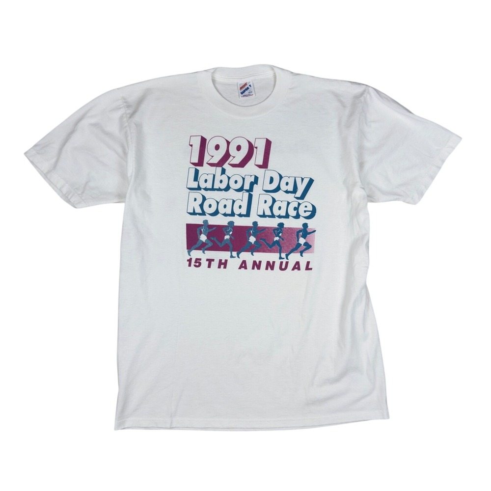 Vtg 1991 Jerzees Road Race Tee Men's M/L White Running Labor Day Macon‎ Tracks